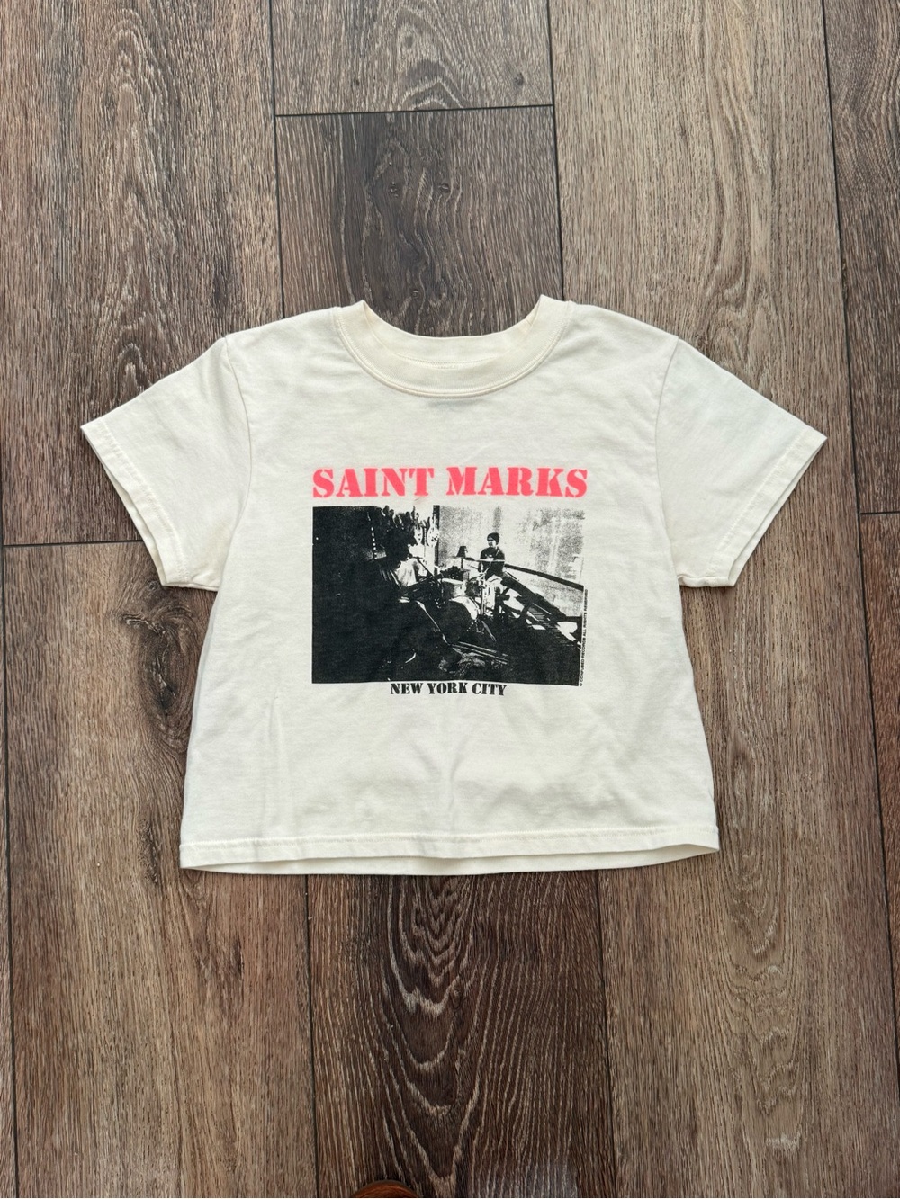 Brandy Melville Cream Crop Tee with Pink 'SAINT MARKS' Graphic